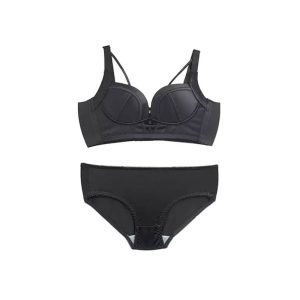 ست شورت و سوتین اسفنجی دخترانه ساتن بدون فنر هارنس دار جلو دکمه مشکی