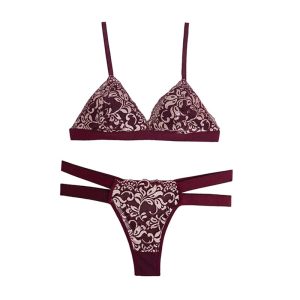 ست شورت و سوتین سه گوش دانتل برجسته برند شارمین - زرشکی